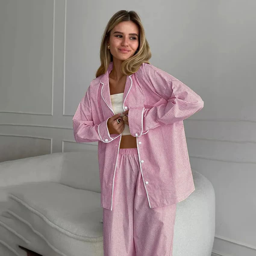 2025 Primavera Nuovo Pigiama scozzese rosa Set da due pezzi Pantaloni larghi a maniche lunghe Abbigliamento da casa da donna Indumenti da notte da donna