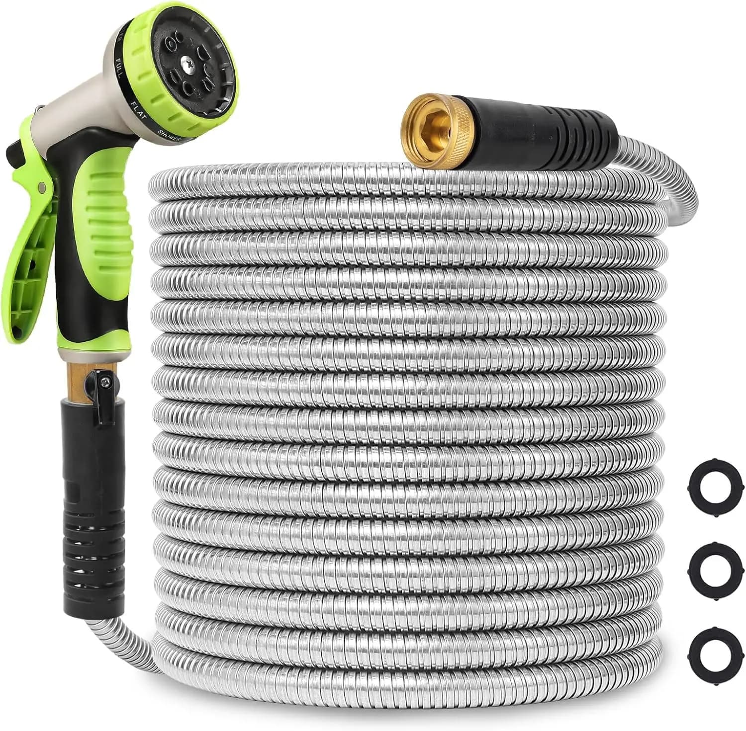 30m Metal Garden Tube, Stainless Steel Flexible Tube Resistant with 10 Drops nozzle, 3/4 Massive Brass Fitting