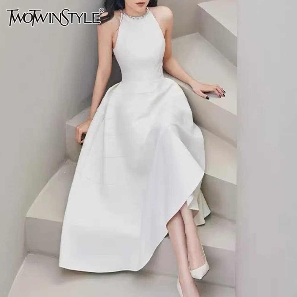 TWOTWINSTYLE Solido Dimagrante Temperamento Abiti per Le Donne Girocollo Senza Maniche Patchwork Diamanti Abito Femminile Abbigliamento Elegante