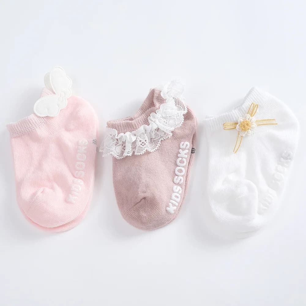 3pairs/set Spring Autumn Cotton Newborn Infant White Socks Baby Cartoon Princess Rubber with Ruffles Lace Anti-slip Floor Socks