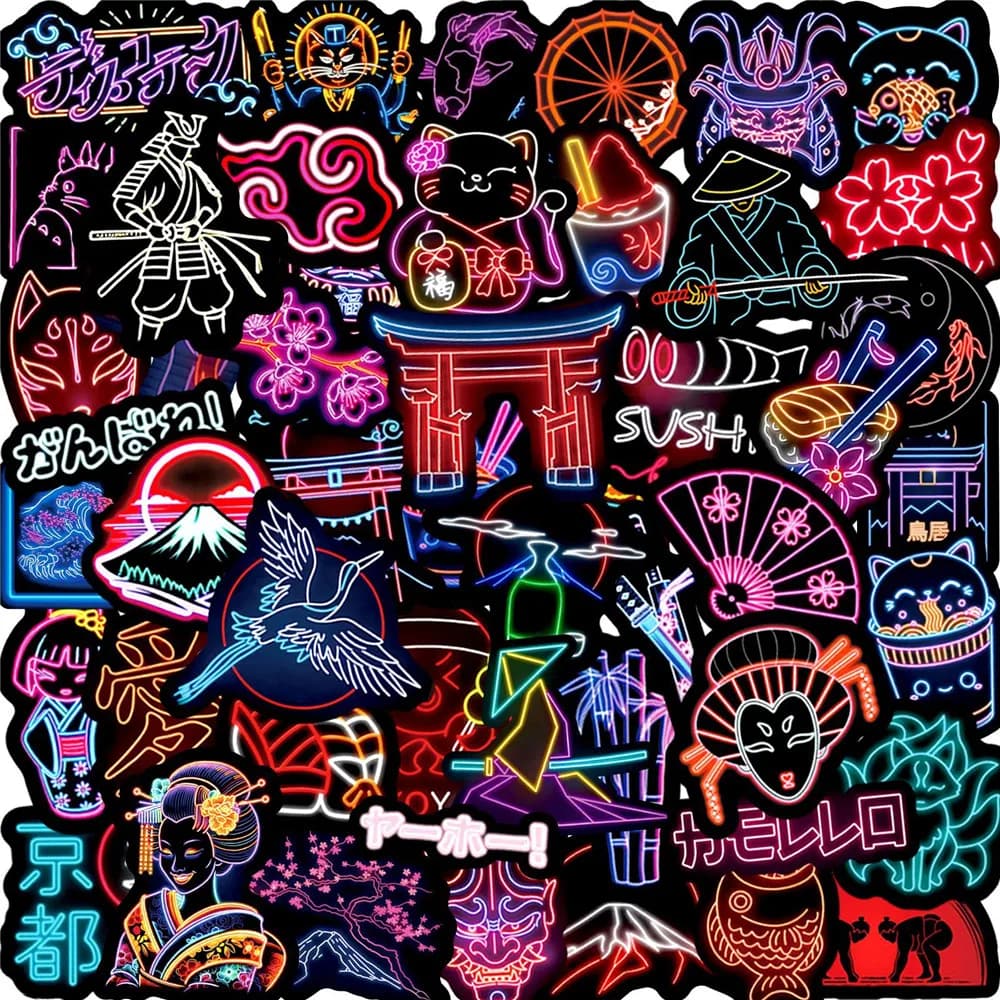 50/100 Pezzi Adesivi a Tema Elementi della Cultura Giapponese Neon, Creativi per Quaderni, Valigie, Skateboard, Tazze, Cartelle, Telefoni, Impermeabili