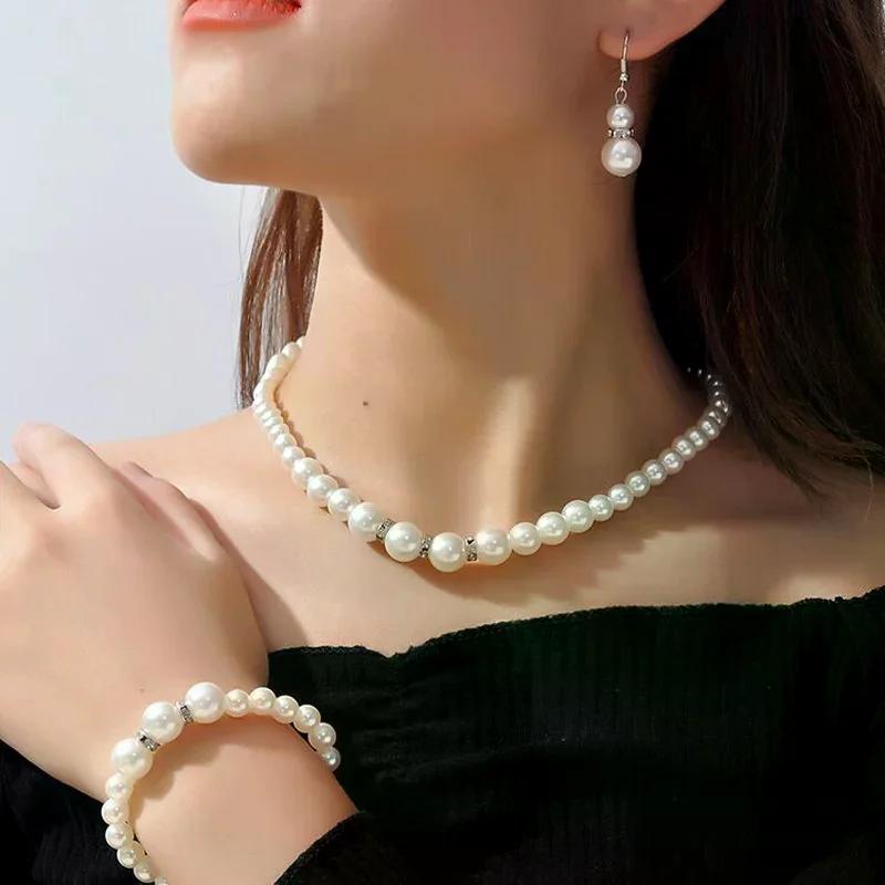 Set di gioielli eleganti con perle da 4 pezzi, orecchini, collana, bracciale, set per donna, gioielli da sposa, accessori regalo