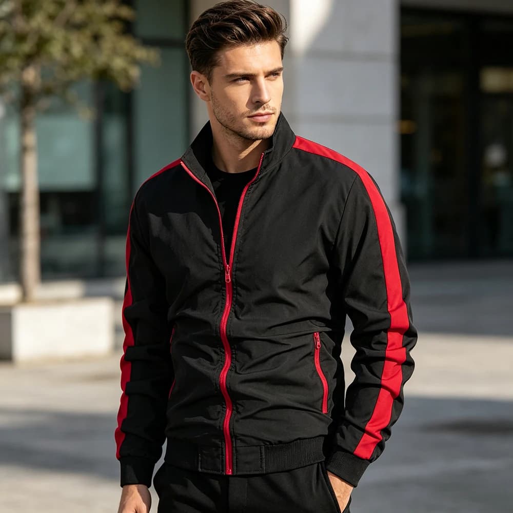 Men's Black And Red Color Block Zipper Stand Collar Sports Jacket Windproof Multi Pocket Outdoor Fashion Casual Outerwear