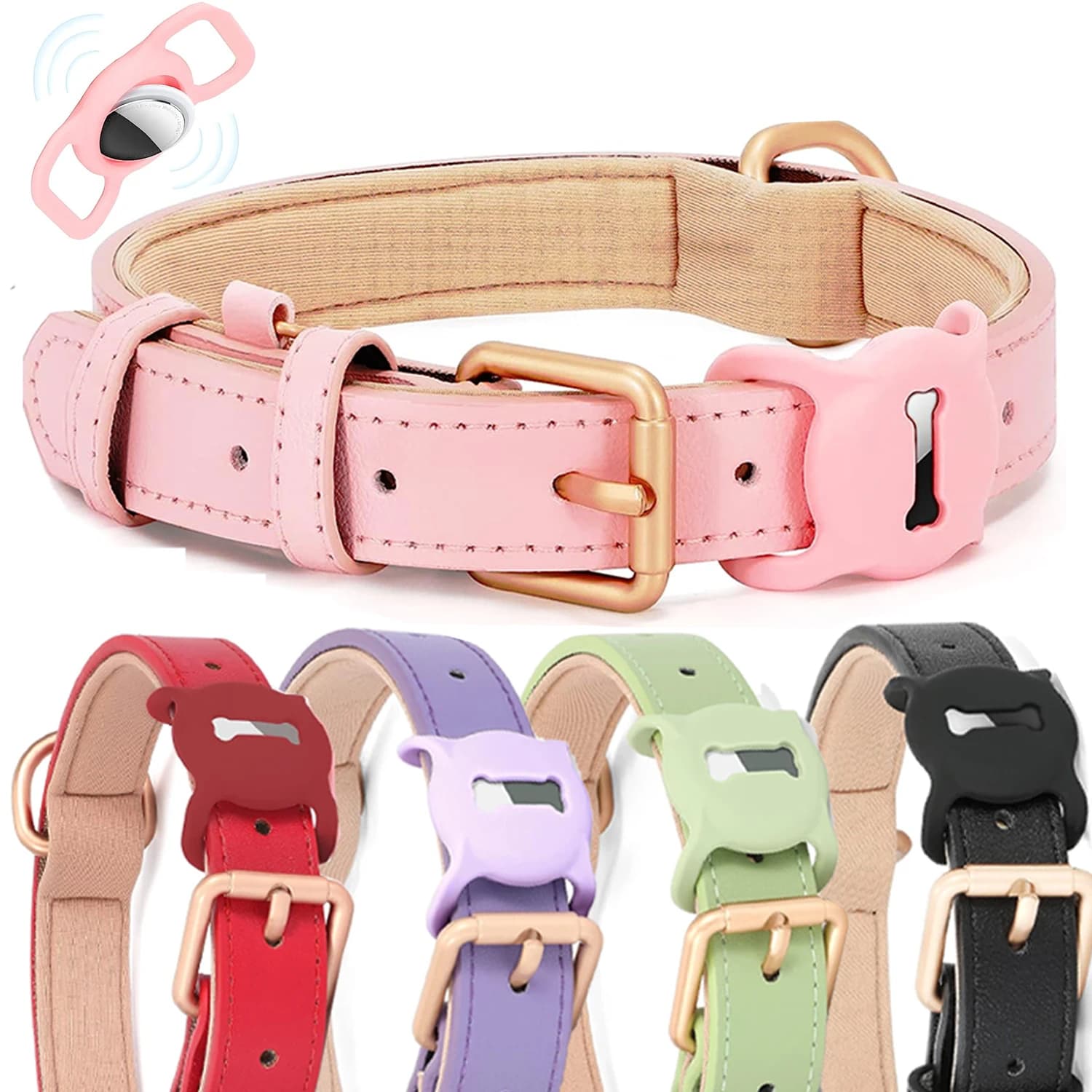 Collare per Cani in Pelle con AirTag per Cani Piccoli, Medi e Grandi, Regolabile, Morbido e Imbottito, con Fibbia in Metallo e Custodia Protettiva