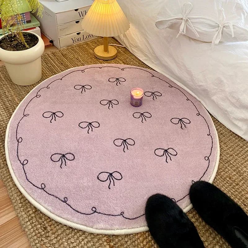 VIKAMA Cartoon Bow Tappeto rotondo con stampa Ragazza Camera da letto Letto Tappetino morbido antiscivolo Divano del soggiorno Comodo cuscino Decorazione della casa