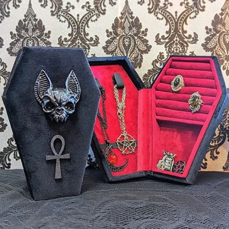 Jewelry box with vampire bat, gothic velvet jewelry, coffin shape, ring, necklace, storage box, packing case