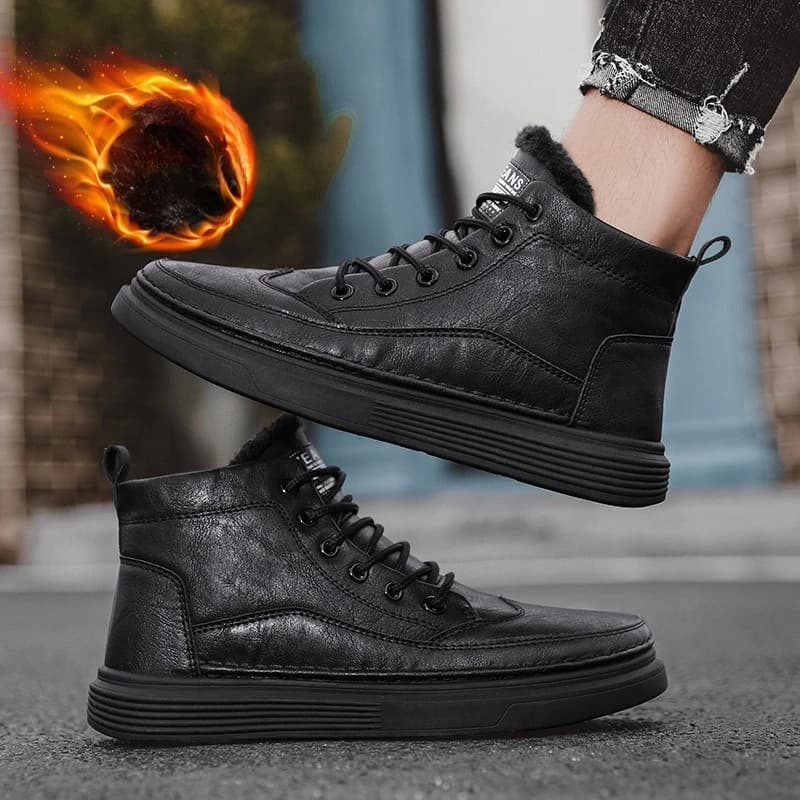 Fashion winter plush thick high top men's cotton shoes versatile warm men's snow boots leather boots