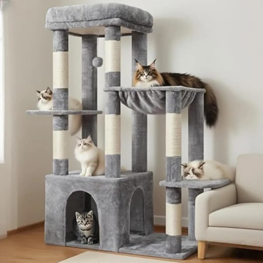 Torre Tiragraffi Robusta per Gatti da Interno, Cuccia per Gatti Adulti con Base Extra-Larga, Mobili Multilivello con S
