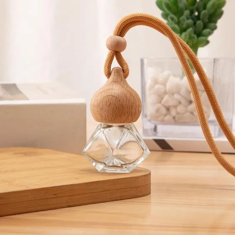 Essential Oil Diffuser Bottle for Auto Reusable Glass + Wood Perfume Glass Bottle with Vacuum Car Deodorant Pendant with Wooden Caps