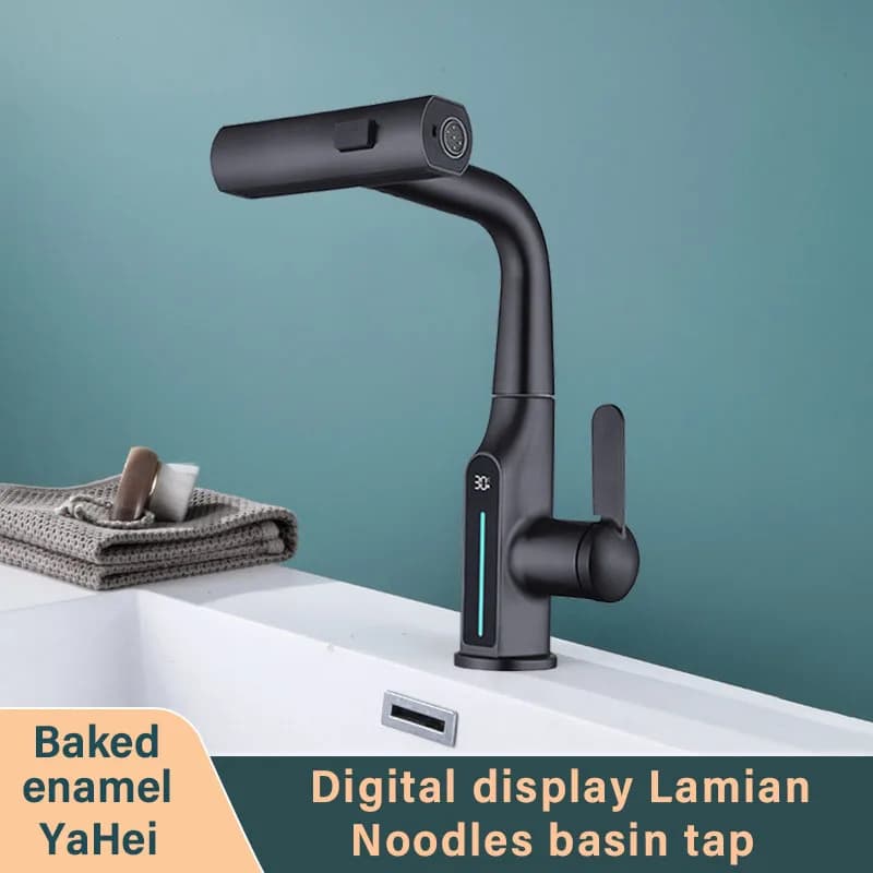 Rubinetto per lavabo con display digitale a temperatura per bagno estraibile con flusso a cascata Spruzzatore a 3 vie Miscelatore per lavabo acqua calda fredda Rubinetto per lavaggio