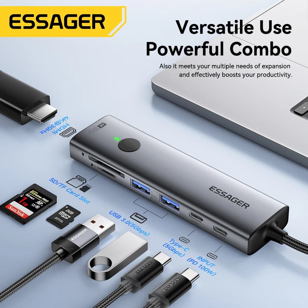 Essager USB C HUB 4K 7-in-1 Type C to HDMI PD 100W SD and TF USB 3.0 5Gbps multiport adapter for MacBook Laptop iPad Phone Splitter