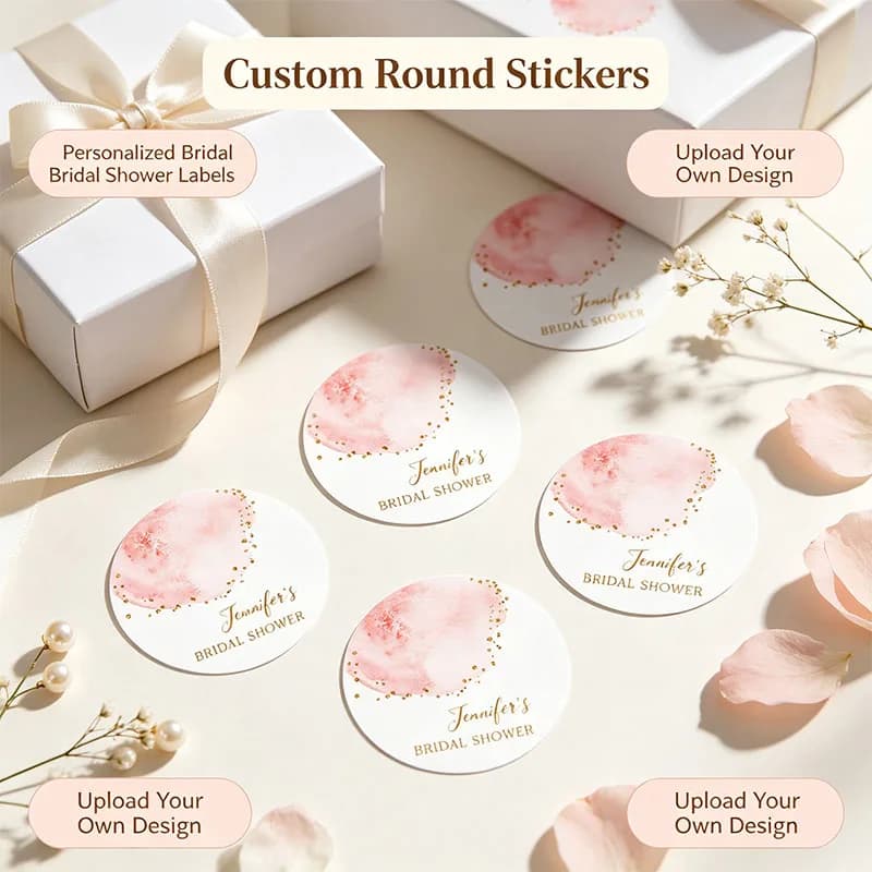 Custom Blush Pink Gold Confetti Round Stickers Personalized Name Pastel Pink Splash Glitter Dots Gift Box Packaging Stickers