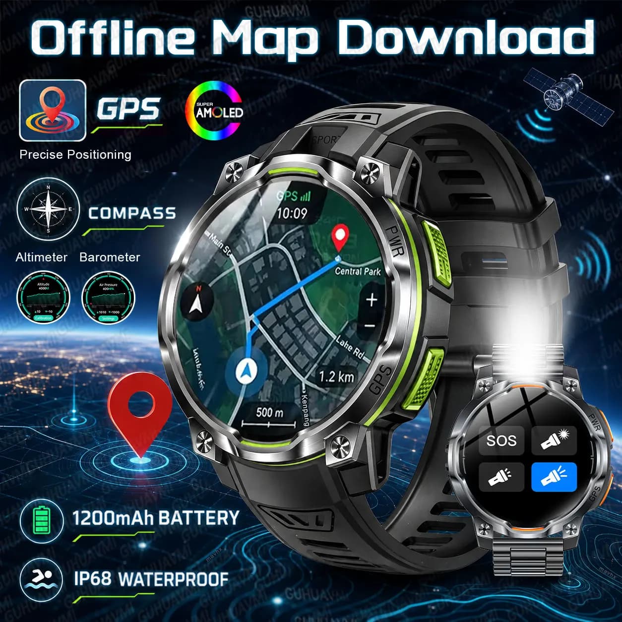 2026 New Military GPS Smartwatch 1200mAh Battery Outdoor Offline Map Compass IPX8 Waterproof Flashlight Heart Rate Sports Tracke
