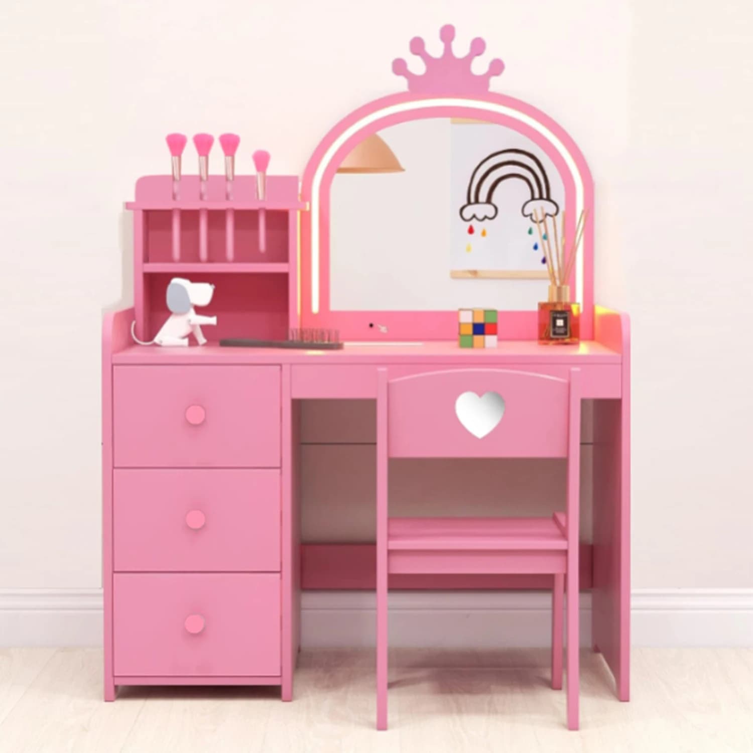 Toeletta per Bambine con Luci 2-in-1, Tavolo da Trucco Principessa con Sgabello e Cassetti per Trucco e Scrivania per Bambini