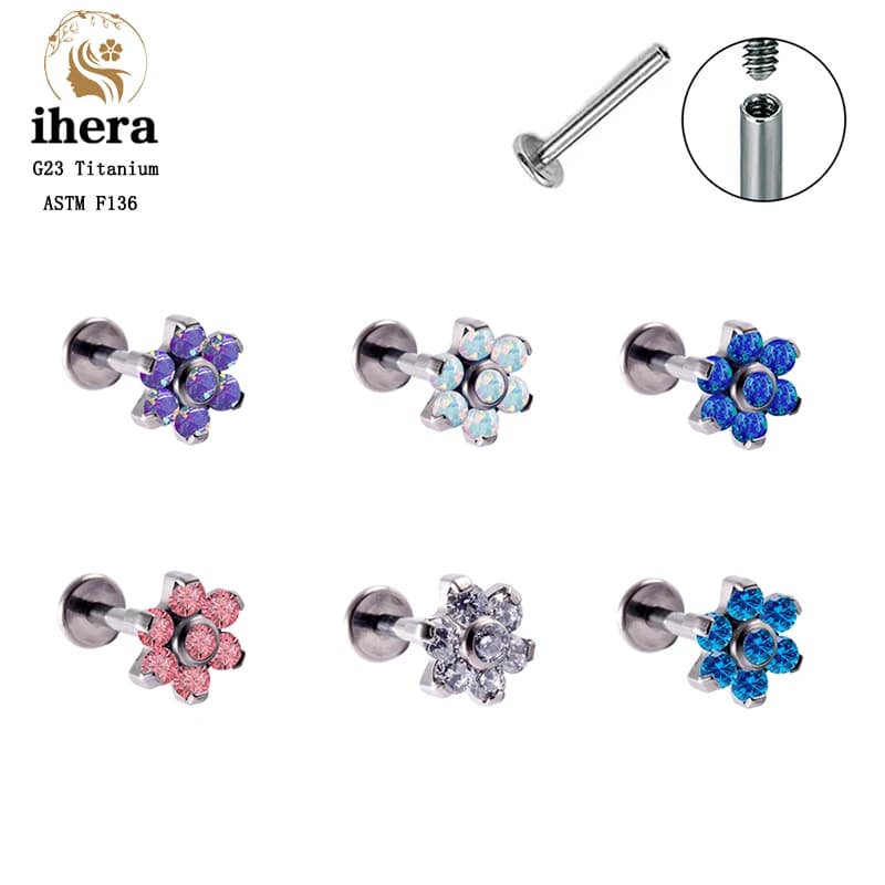 Orecchini a perno con fiore in opale in titanio G23, piercing labret ASTM F136 16G, per labbra, orecchio, trago, cartilagine, gioielli per il corpo da donna