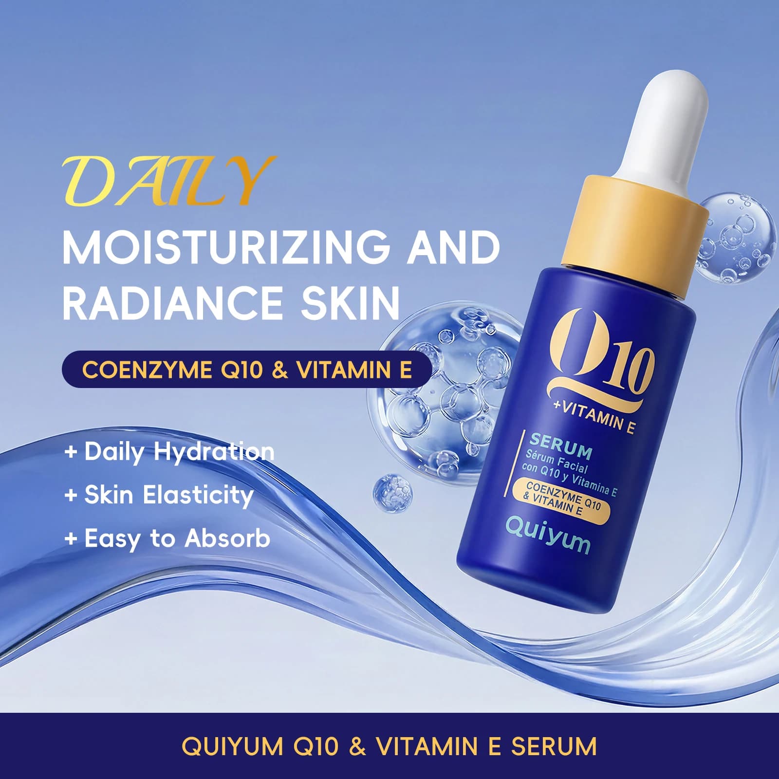 Serum Quiyum Q10 and Vitamin E 17ml, Hydrating Deep, Uniforms Color with Coenzyme Q10, Hyaluronic Acid and Collagen