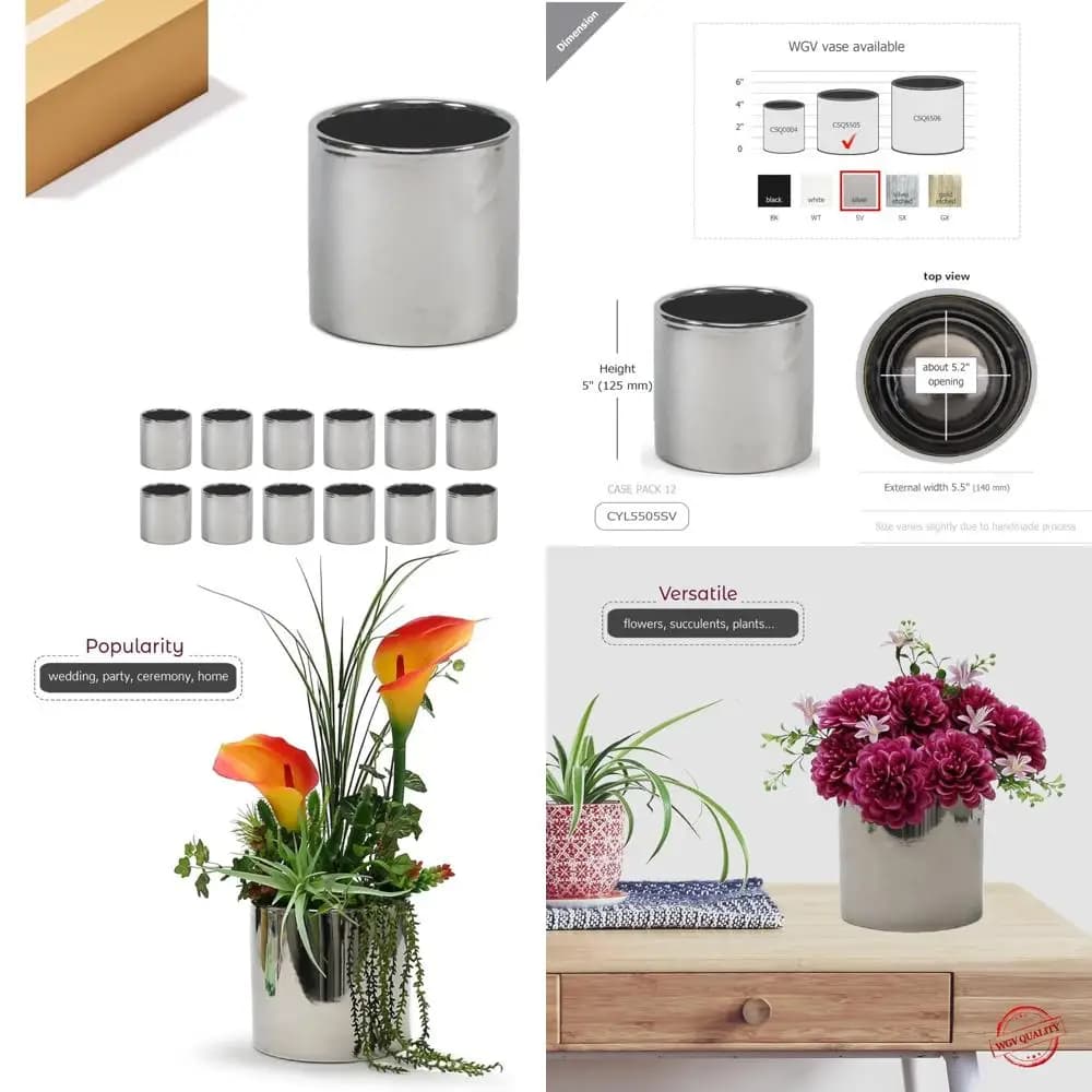 Cylindrical silver ceramic vase 5.5 x 5 high - Ideal for floral compositions, candle holders, terrariums and container