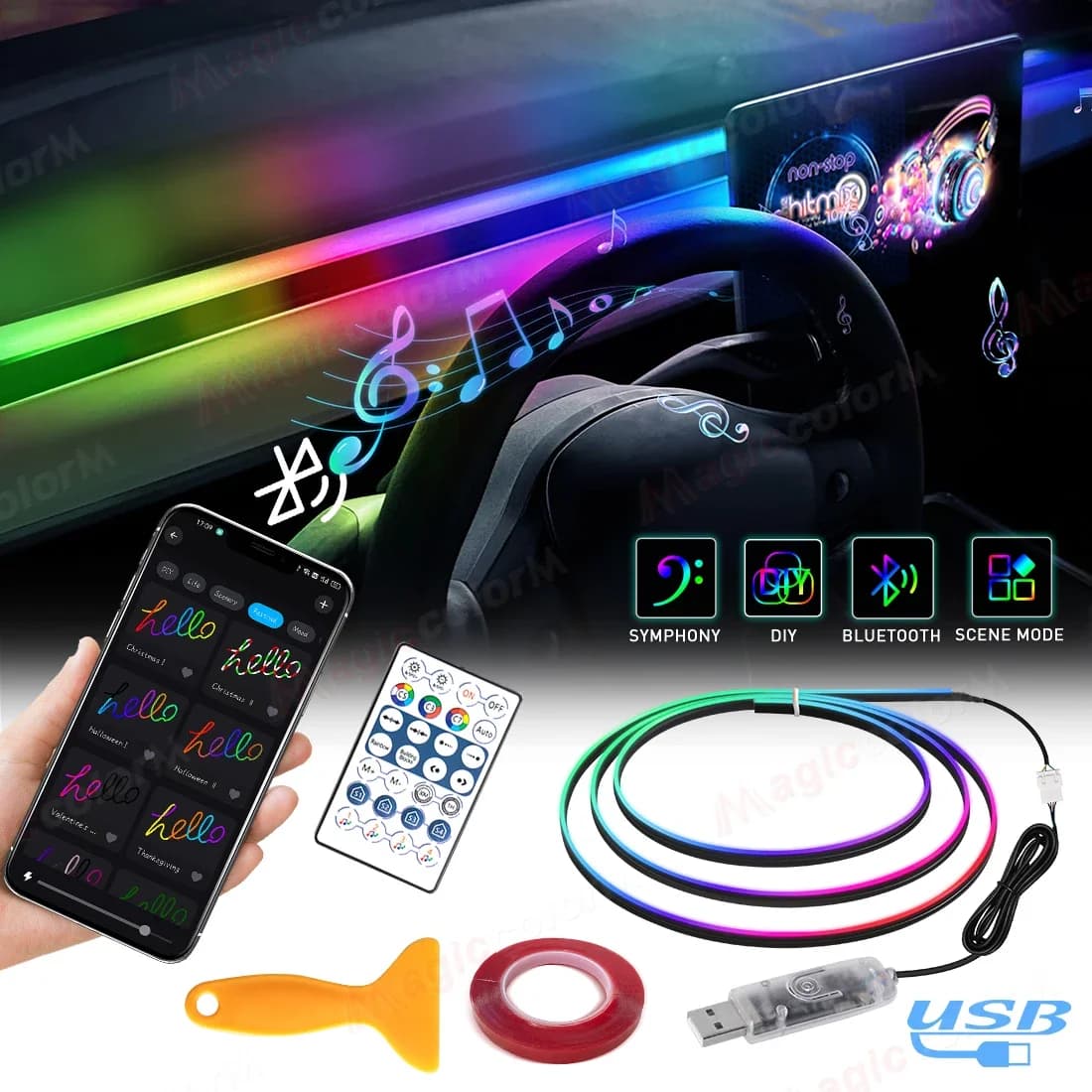 Vgettiing Luci ambientali per auto USB universale LED Symphony RGB Lampada d'atmosfera Acrilico APP Controllo remoto per Tesla Model 3 YSX