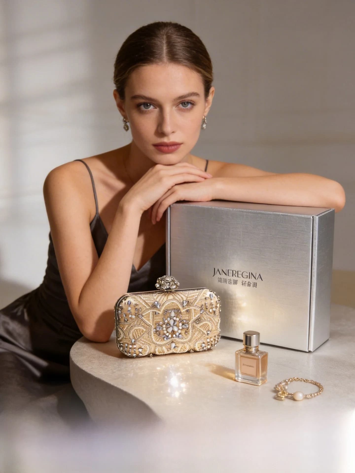 Elegante Borsa da Sera con Diamanti, Pochette da Donna Stile Dolce e Raffinato, Chiusura con Fibbia, Forma Quadrata, in Poliestere