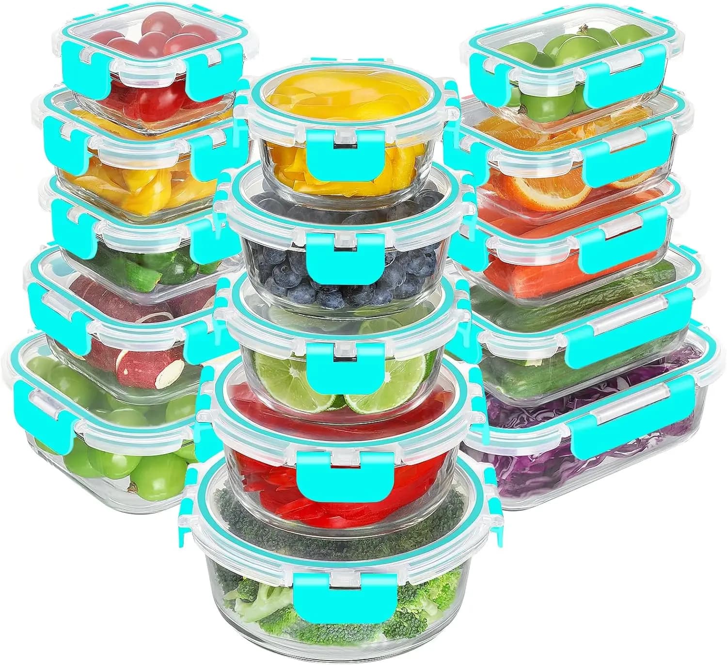 Set di 30 Contenitori in Vetro per Alimenti, Contenitori in Vetro per Preparazione Pasti con Coperchi, Lunch Box Ermetico, Senza BPA, Adatto al Microonde, Frigorifero