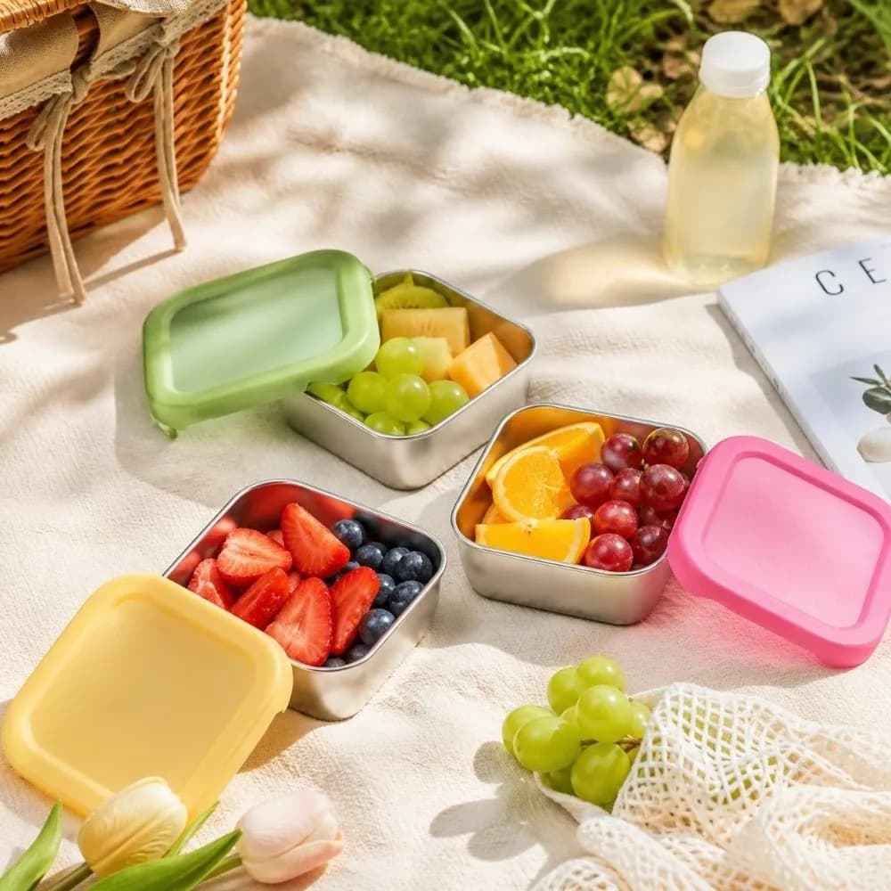 Silicone Lid Stainless Steel Fresh-keeping Box Stackable Food Grade Meal Prep Container Leakproof 400ml Refrigerator Organizer