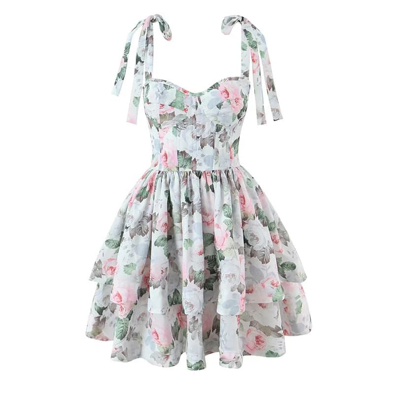 YENKYE New 2026 Women Floral Print Sexy Corset Style Sling Mini Dress Layered Hem Holiday Party Summer Dresses Lace Up Robe