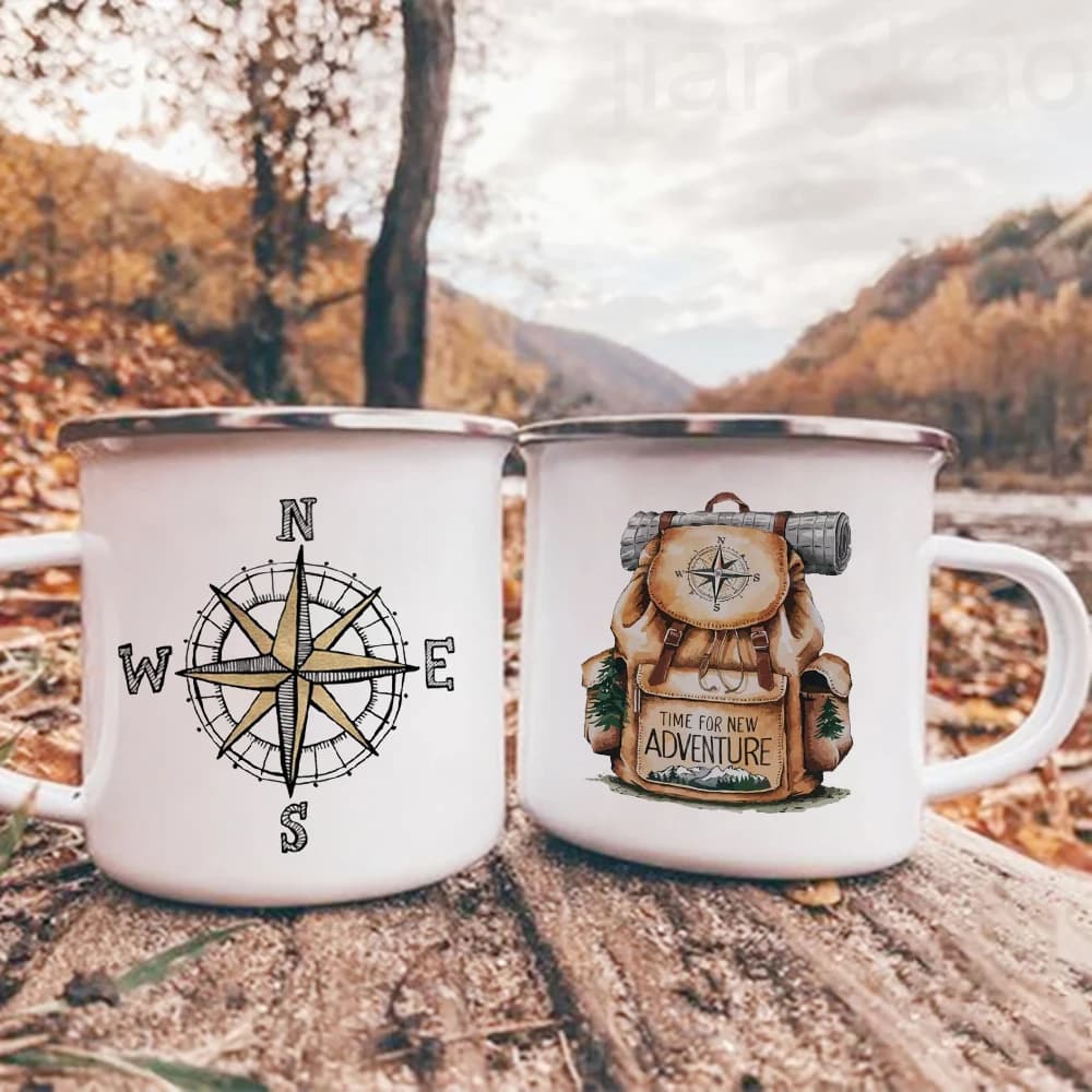Tazze da Campeggio con Stampa 'Time for New Adventure', Tazza in Smalto per Campeggio, Festa al Fuoco, Birra, Succo, Tazza con Manico per Montagna, Regalo per Campeggiatori