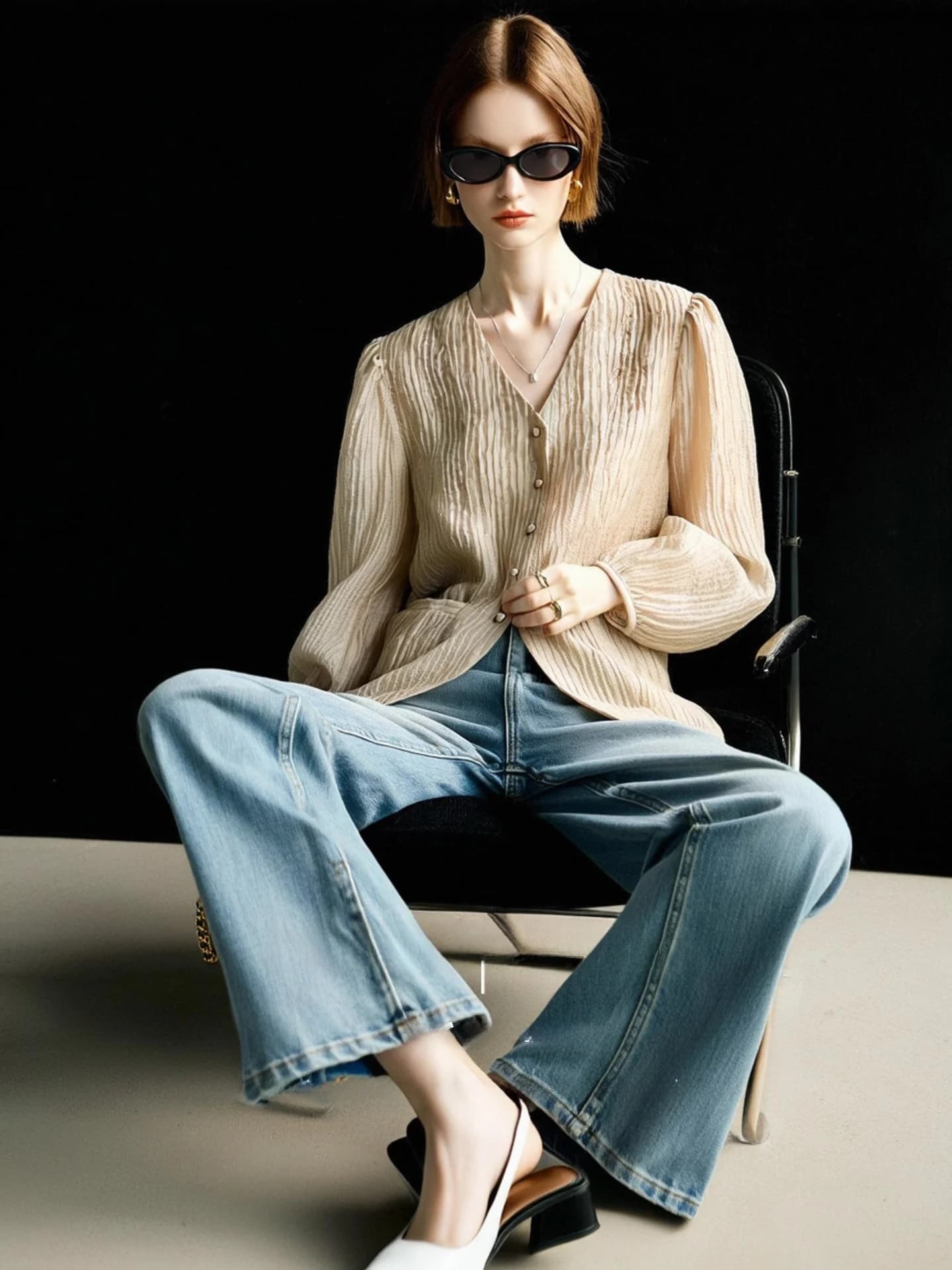 Huaappuw Summer New Loose Long Sleeve V-Neck Shirt Vertical Texture Sunscreen Commuting Top Women's French Style Cotton Blend...