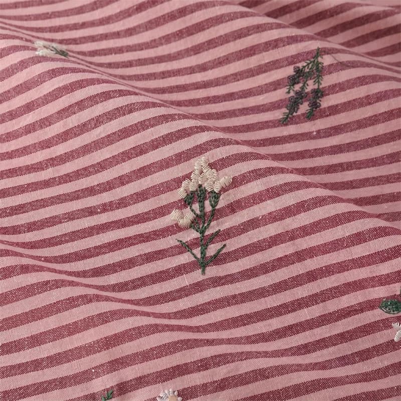 Linen-Cotton Fabric Pink AYellow Striped Embroidery Floral Sleepwear Dress Shirt Fabric