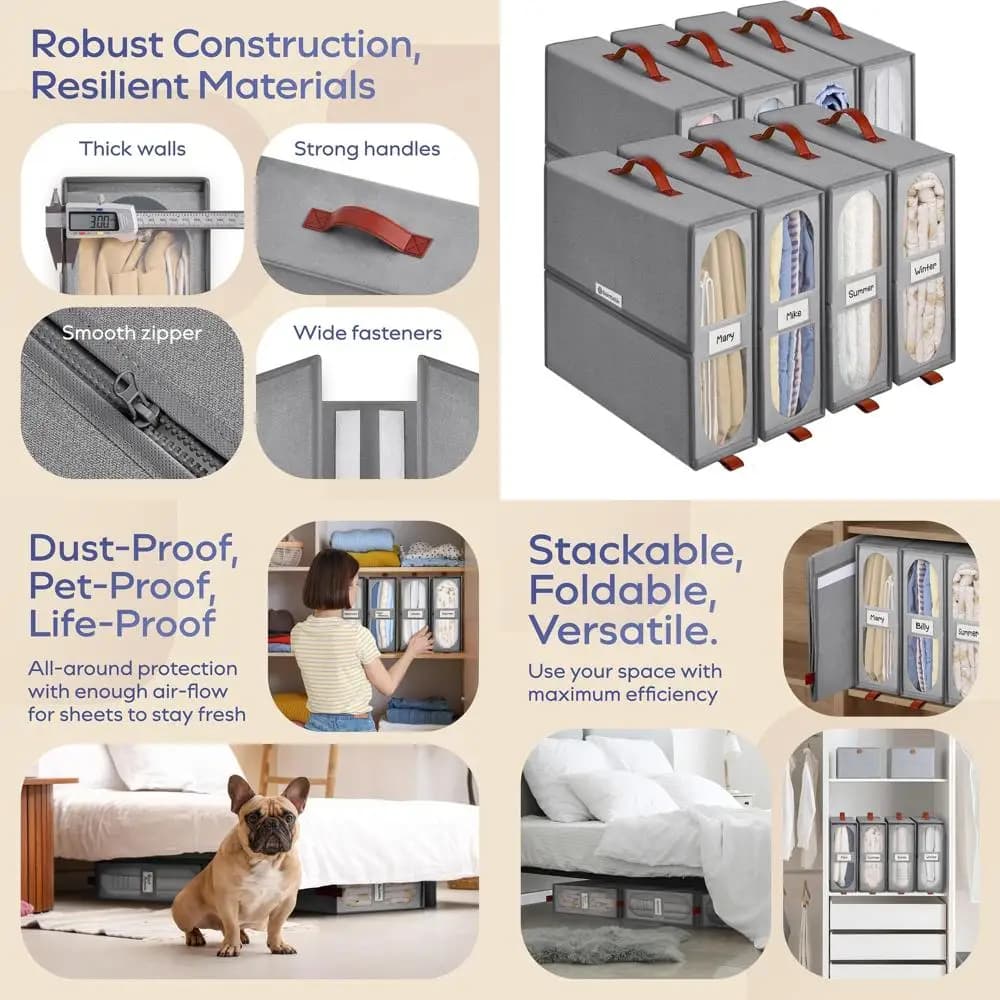 Set di 8 Organizzatori per Lenzuola con Finestre Trasparenti - Scatole di Stoccaggio Resistenti, 15x13x5 Pollici, Grigio