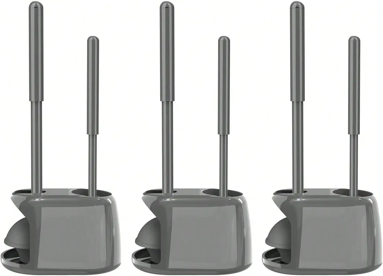 Set di 3 spazzole per WC e ventose con supporto - Strumenti per la pulizia del bagno resistenti, spazzola per la pulizia profonda del WC con design a scomparsa - Grigio