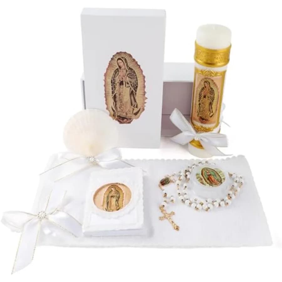 Baptism Candle Set for Boys and Girls5 PCS Baptism Kit Virgen De Guadalupe Catholic Candle Towel Shell Rosary Bible for Baptism