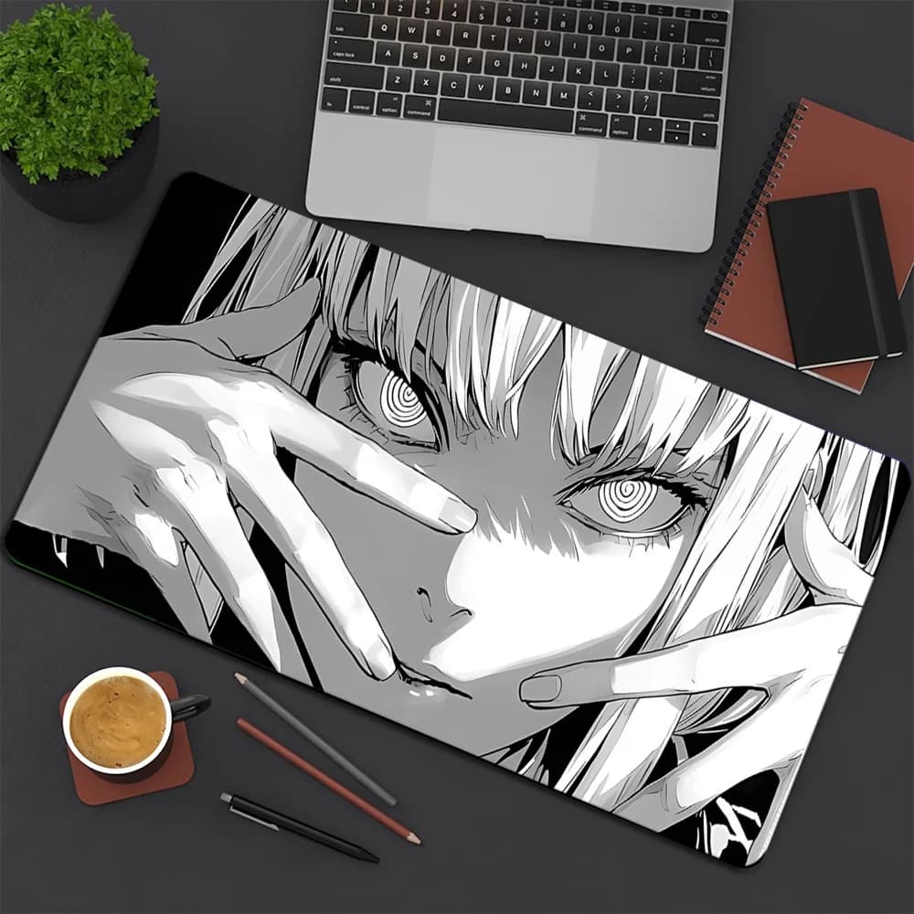 Black & White Manga Girl Gaming Mouse Pad, Non-Slip Office Desk Mat, Intense Spiral Eyes, Water-Resistant Keyboard Pad