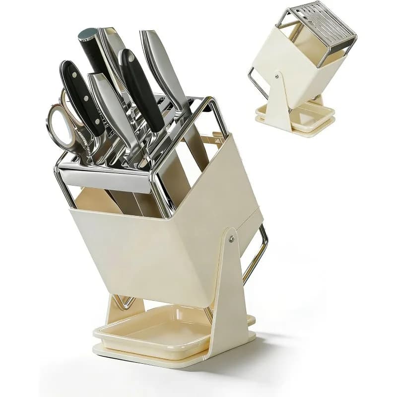 Kitchen Knife Holder 30° Rotating Universal Knife Block Safe Slant Insert Drip Tray for Multiple Knives Tool Holder Knife Rack