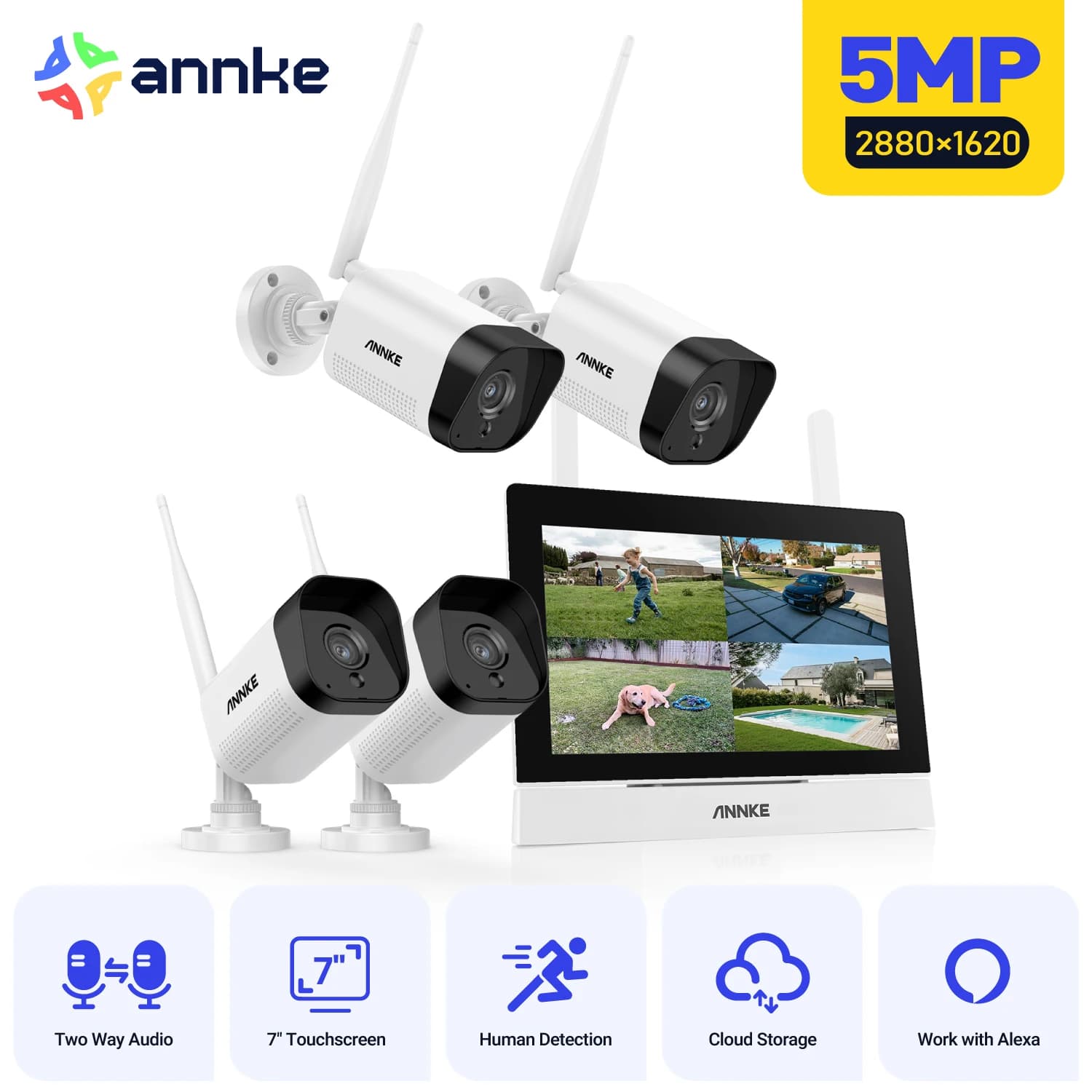 Annke 3MP 5MP CCTV System Wireless 4CH NVR External wifi camera 7 inch Touch screen Audio bidirectional Security camera Wifi 2/4 pieces