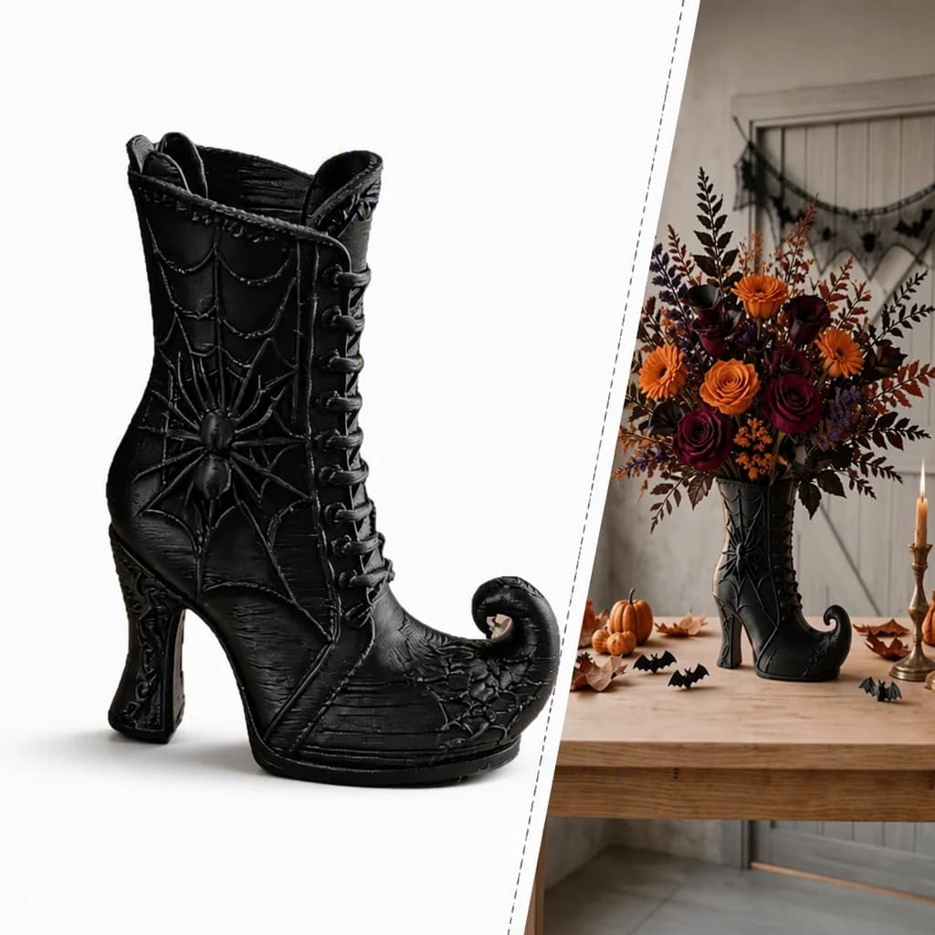Halloween Witch Boot Vase, Spider Web Embossed High‑Heel Shoe Figurine, Gothic Makeup Brush Holder, Desktop Decor Ornament
