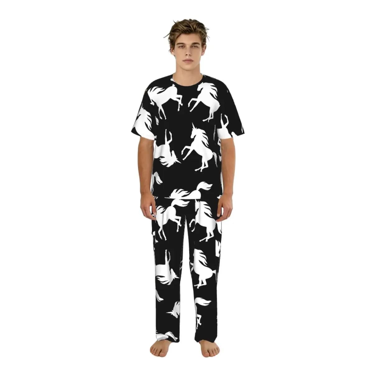 Men's short sleeve pajamas and long trousers with unicorn and mythological horse, summer set for the house
