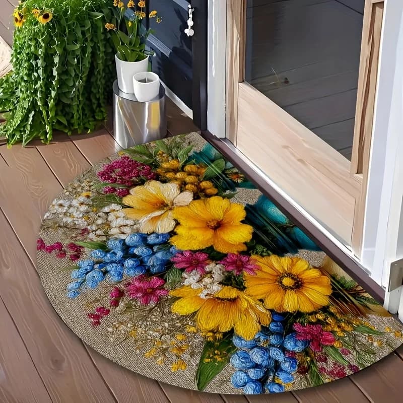 VIKAMA Fan-Shaped Rug with Beautiful Flower Door Mat Lightweight Outdoor Carpet Rug For Bedroom Carpet For Living Room Home Deco