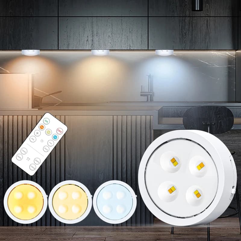 3 Colors LED Under Cabinet Light Wireless Dimmable Battery Powered Puck Night Lamp for Kitchen Bedroom Wardrobe Touch Light