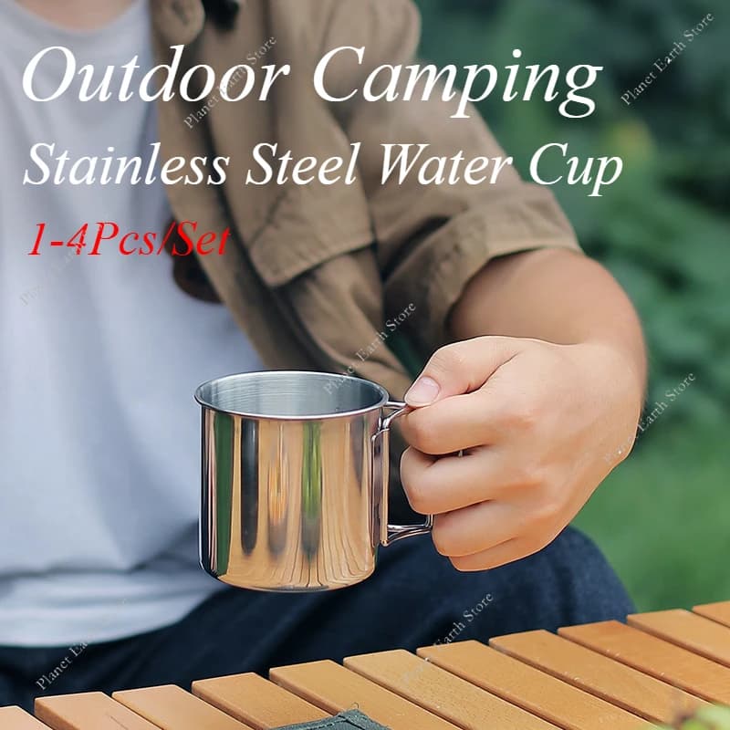 1-4 pz/set tazza da campeggio esterna con manico tazze da birra in acciaio inossidabile tazza da campeggio stoviglie turistiche utensili da picnic da viaggio