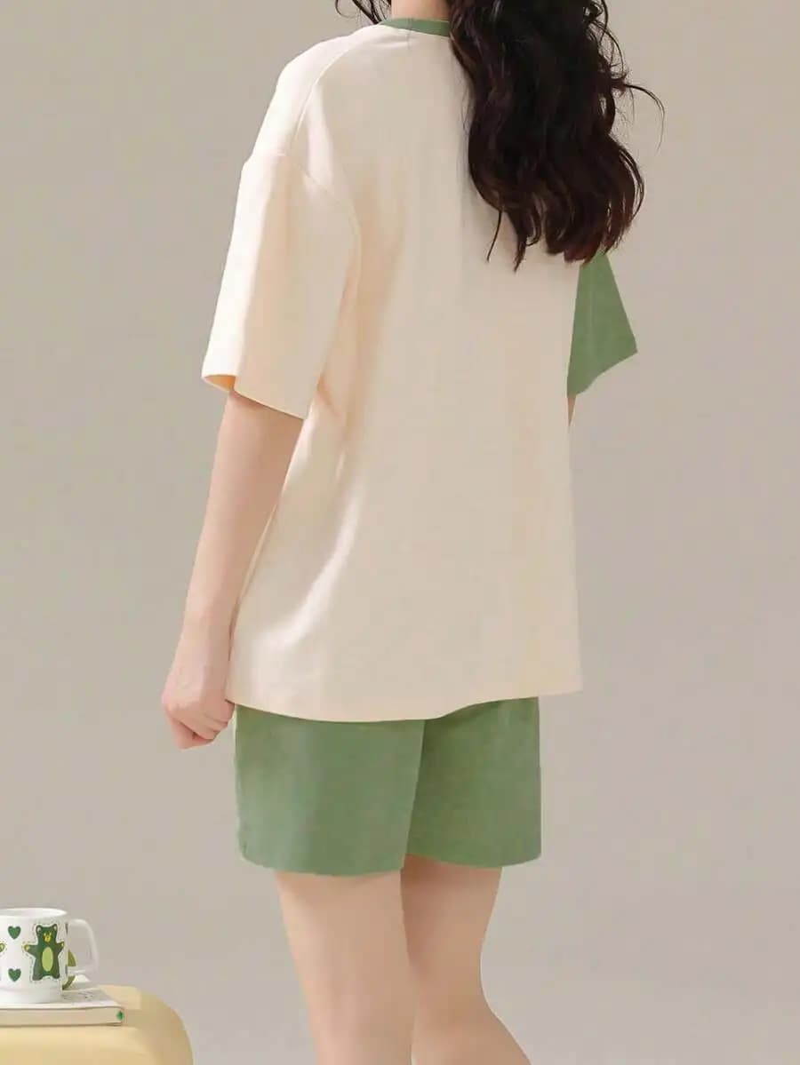 Womens 2-Piece Casual Homewear Set: Round Neck Short Sleeve T-Shirt And Shorts Pajama