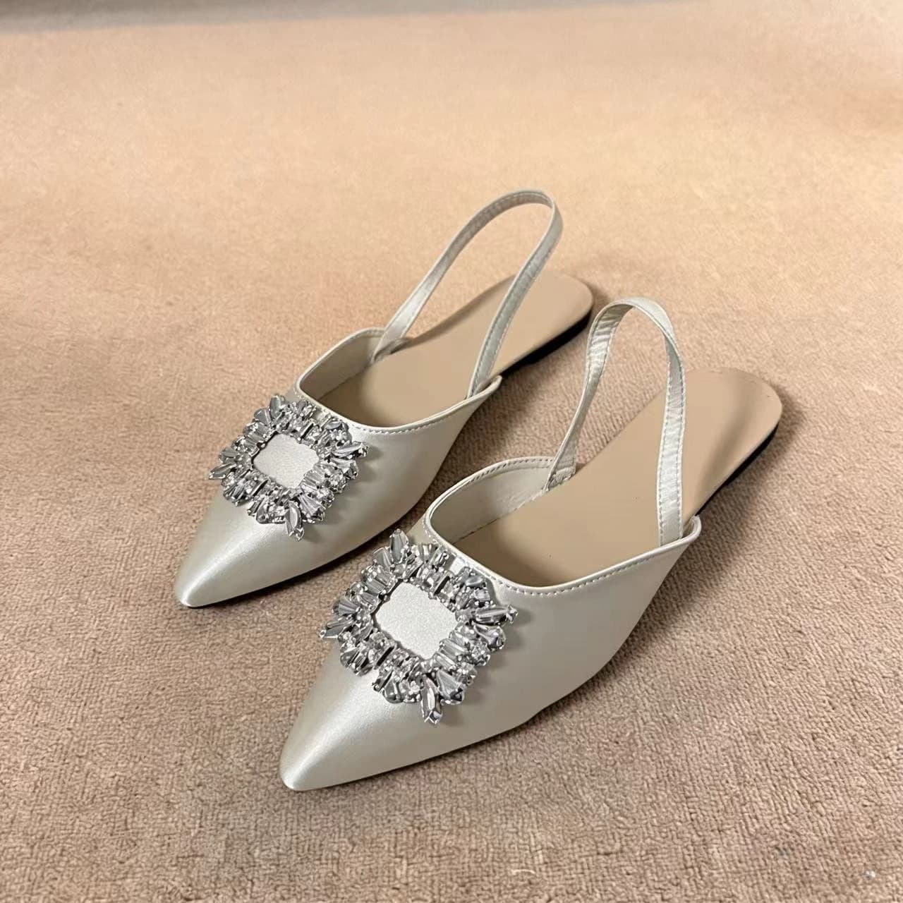 Sandali piatti da donna con fibbia quadrata in strass lucidi, stile francese, taglie forti 35-43, Nuova Collezione Estate 2026