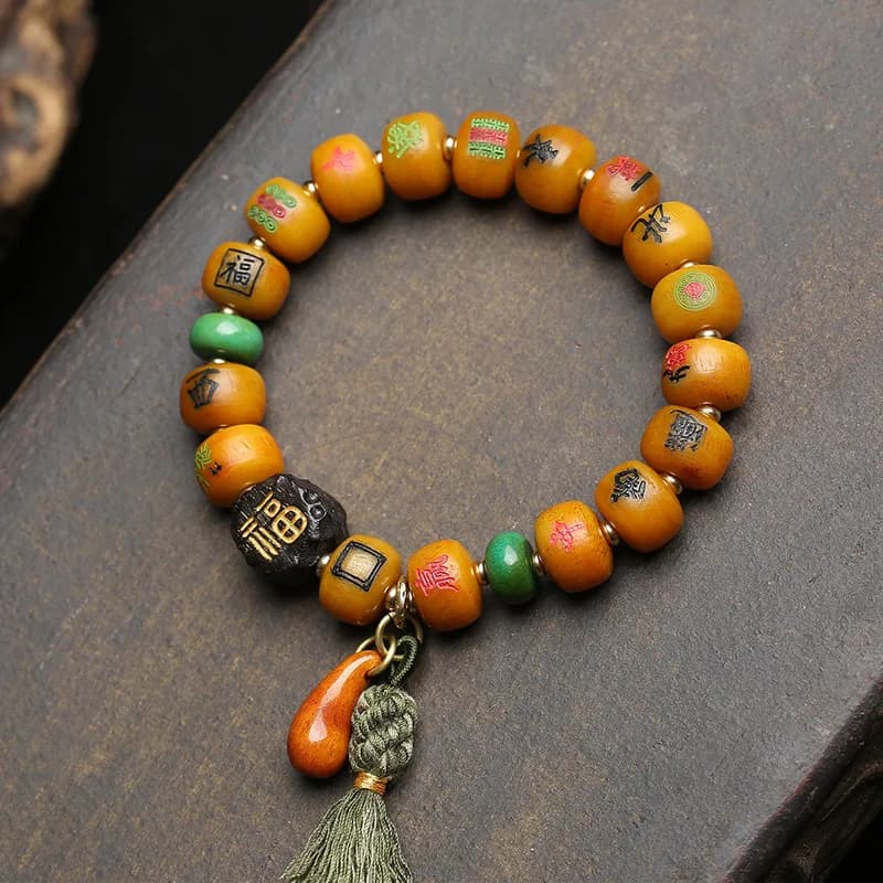 Bracciale con perline in stile tibetano con tessere di mahjong in osso intagliate a reverso, a filo singolo, realizzato in ebano e turchese