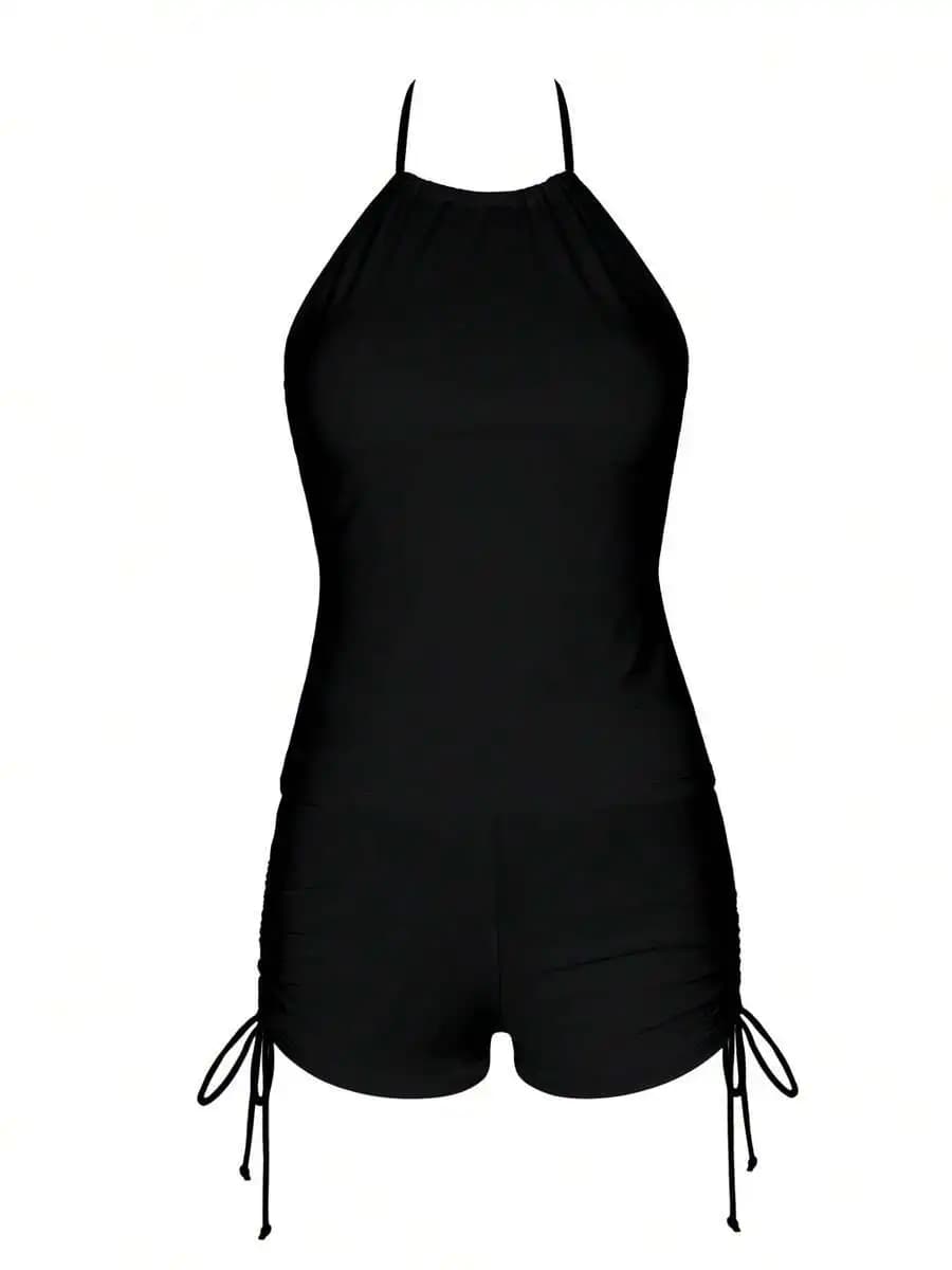Costume da bagno due pezzi da donna nero con scollo all'americana, vita alta, arricciato, controllo pancia, asciugatura rapida