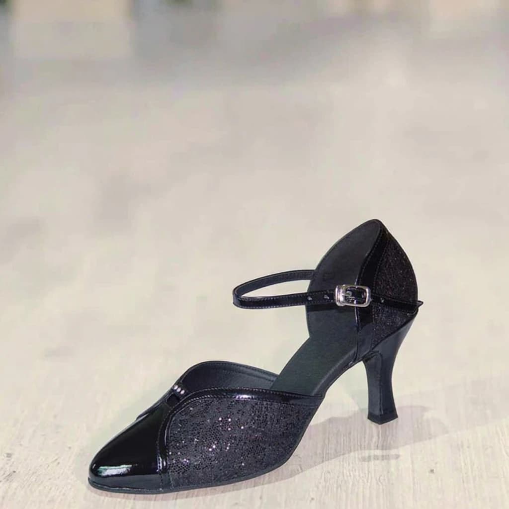 Pratica Scarpe da ballo da donna Scarpe da ballo latino con tacco da 7 cm Scarpe da ballo latino nere PU Salsa Rumba Sneaker moderna Scarpe da ballo per feste latino