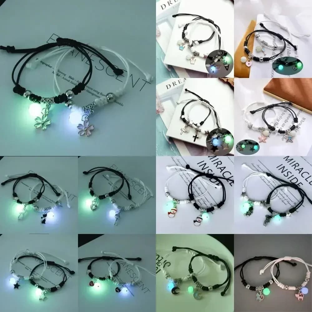 2 pezzi luminosi gatto stella luna croce braccialetti con ciondoli set coppia braccialetto di amicizia in corda intrecciata regolabile per donna uomo regalo estivo