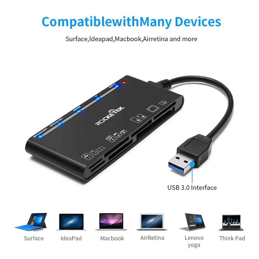 USB3.0 Multi-Card Reader, SD/TF/CF/Micro SD/XD/MS 7 in 1 Fast 5Gbps Memory Card Reader/Writer/Hub for SD SDXC SDHC CF CFI TF etc