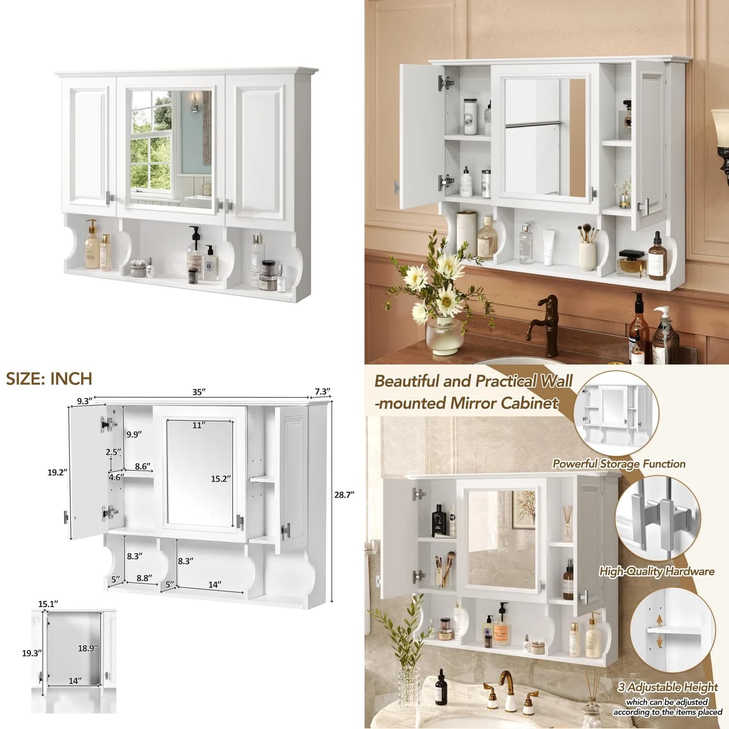 Mobiletto da Bagno Bianco con Specchio, 3 Ante, Ripiano Regolabile, Armadietto Sopra WC 35"x28" Personalizzabile