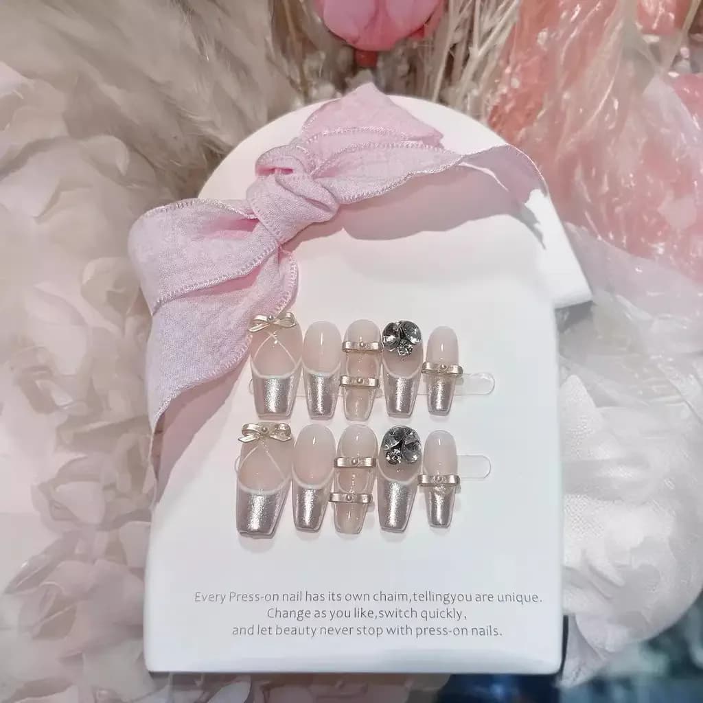 Fingertip Ballet Bow Handmade Wear Nail Art Ballet Shoes Fake Nails French Sweet Pink Removable Nail Art Patch