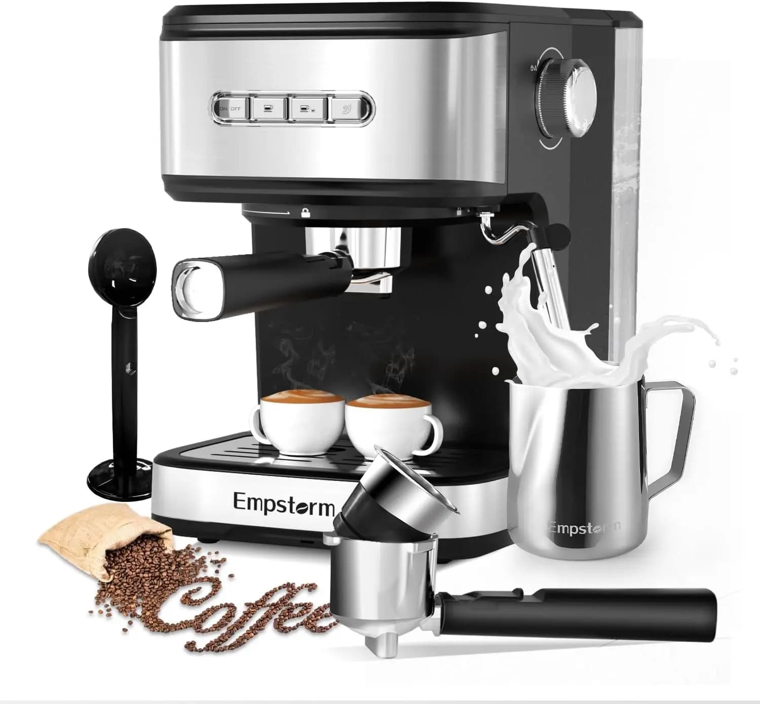 Macchina per Espresso 20 Bar 2 in 1 con Montalatte a Vapore per Latte e Cappuccino, Compatibile con Polvere e Capsule
